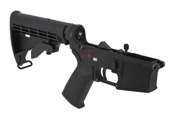 ST Punisher AR-15 Complete Lower Receiver is assembled with a billet magazine release button